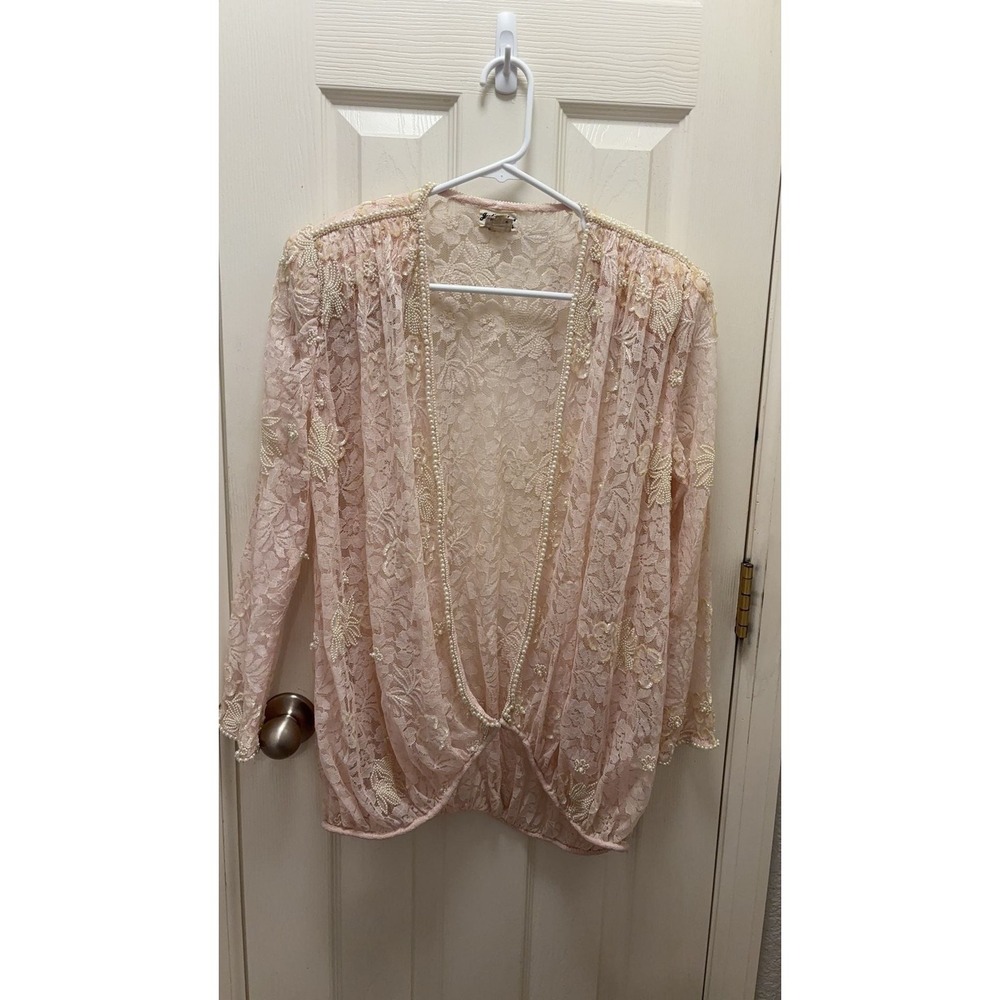 Vintage Pale Blush Lacy Mesh Floral Open Front‎ Long Sleeve Cardigan